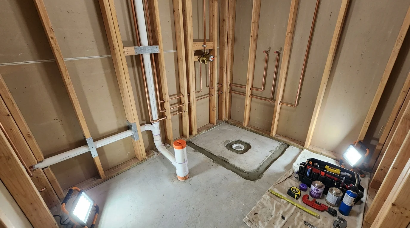 Bathroom rough-in plumbing during remodel by Johns Plumbing LLC in Kershaw
