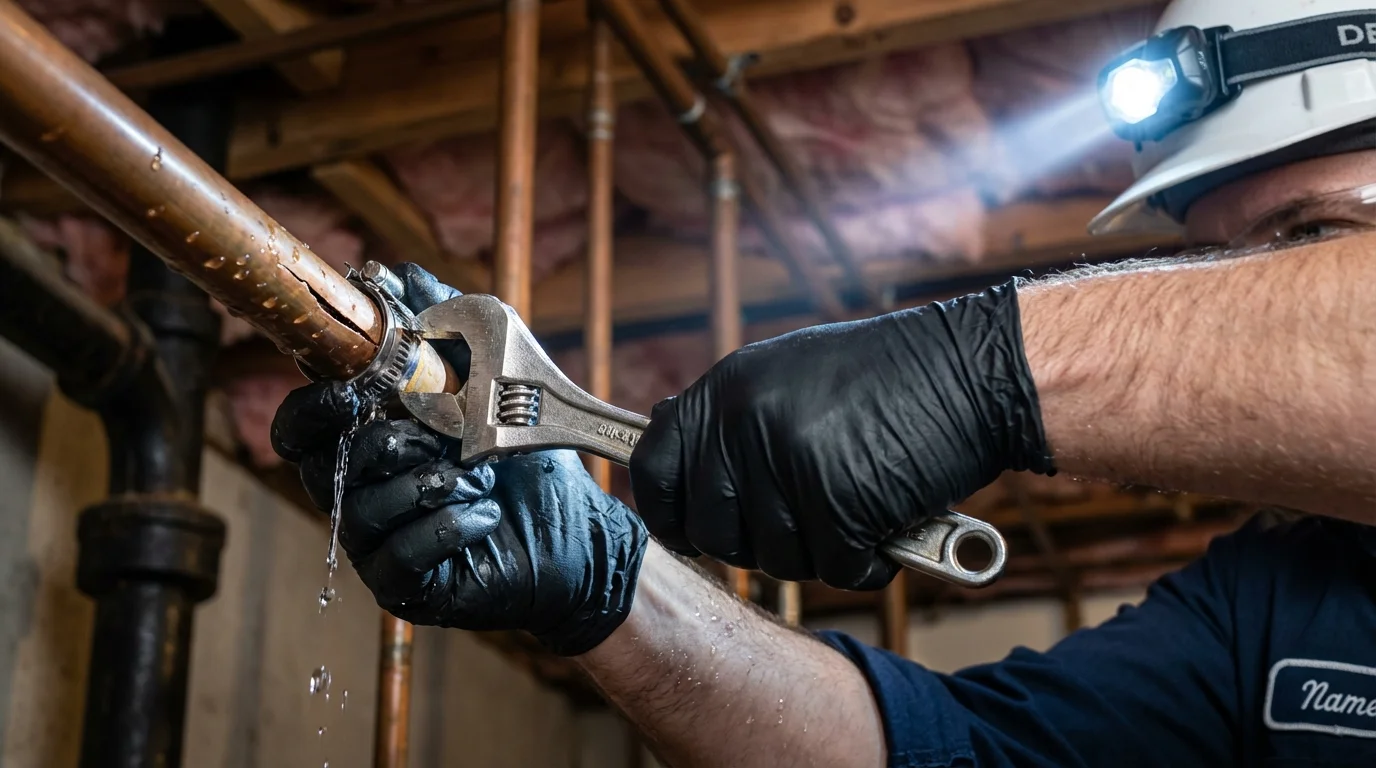 Emergency pipe clamp repair being performed by a Johns Plumbing LLC plumber in Kershaw