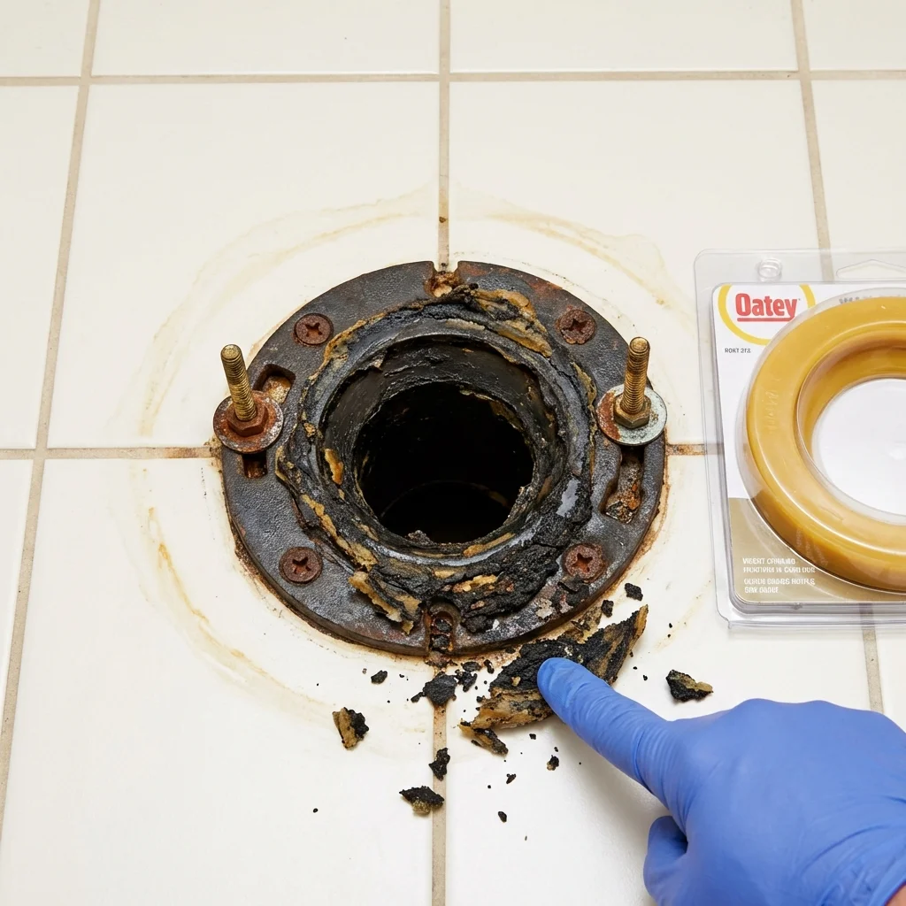 Failed wax ring showing water seepage at the base of a toilet in a Kershaw, SC home